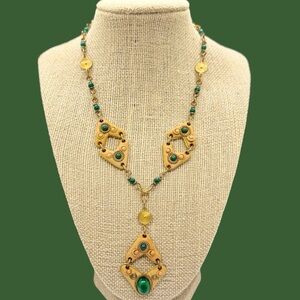 Vintage Etruscan Revival Style Clay Polymer(?) & Green Cabachon & Bead Necklace